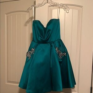 Sherri Hill Short Emerald Dress with Rhinestone Pockets